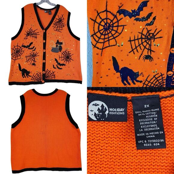 VTG 90's Basic Editions Halloween Applique Orange Cat Spider Sweater Vest Sz 2X - Picture 1 of 8